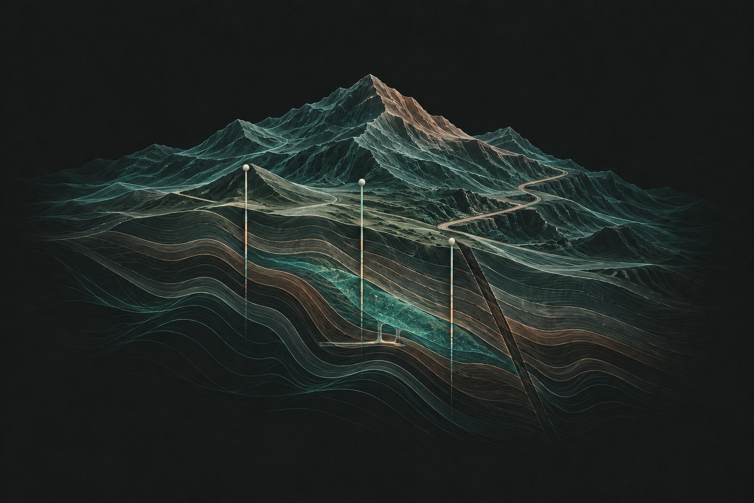 Relieve geológico conceptual con líneas topográficas, estratos y sondajes